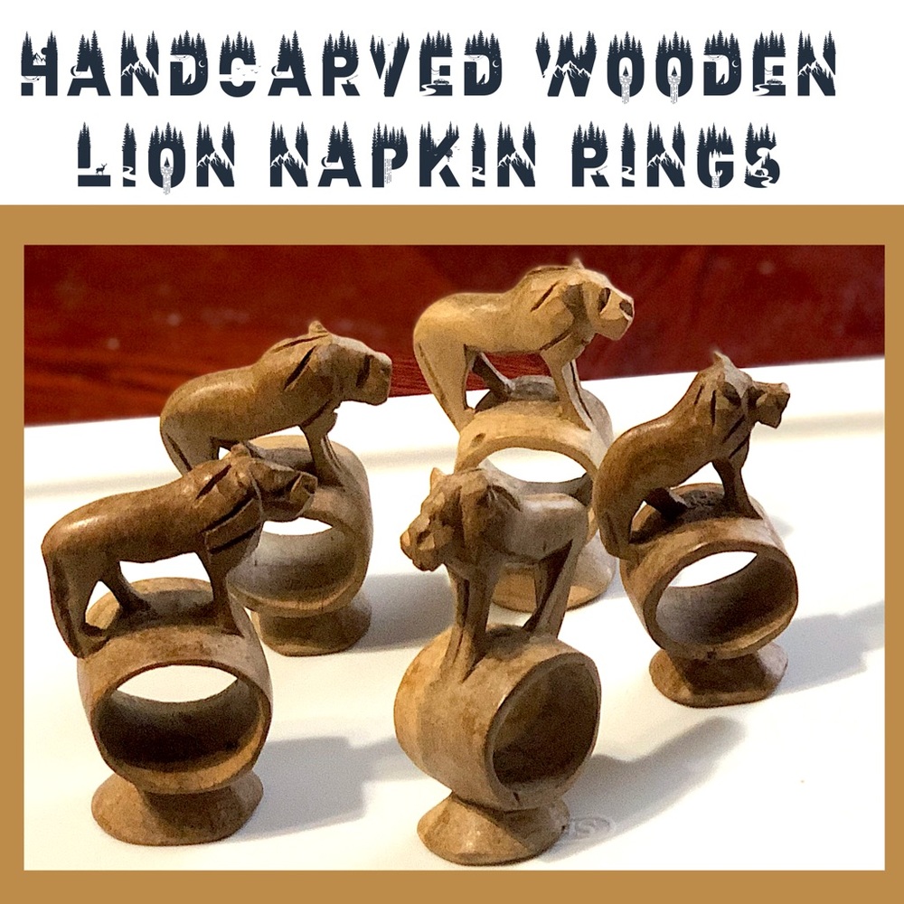 Unique African Hand Carved Lion Napkin Rings
